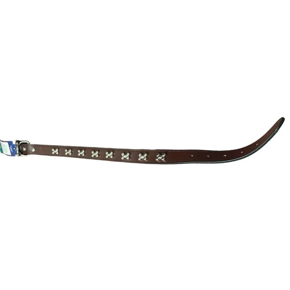 Top Paw Bone Studded Brown Leather Dog Collar Size Large‎ 17-21 in